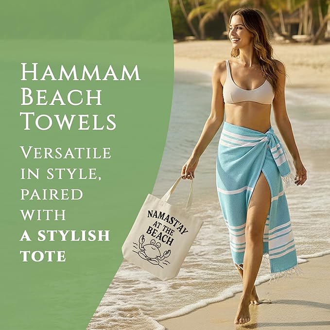 Turkish Cotton Beach Towel Pack of 6 & 1 Boho Tote Bag - Hammam Towels - No Shrink - Quick Dry - Lightweight - Sand Free - Camping - Pool - Tanning - Beach Essentials - Sky Blue (40"x70")