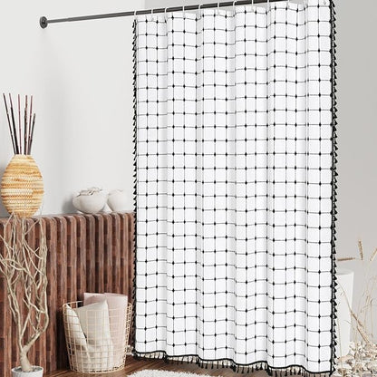 MitoVilla Ivory Black Boho Extra Long Shower Curtain 72 x 84, Modern Farmhouse 84 inch XL Polyester Linen Texture Tassel Fabric Shower Curtain Set with Hooks for Cottagecore Country Bathroom Decor