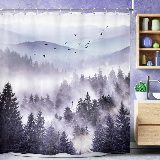 Riyidecor Purple Shower Curtain，Mountain Shower Curtains for Bathroom Nature Woodland Scenery Landscape Rustic Pine Tree View for Mens Natural Fabric Polyester Waterproof 12 Pack Hooks 60Wx72H Inch