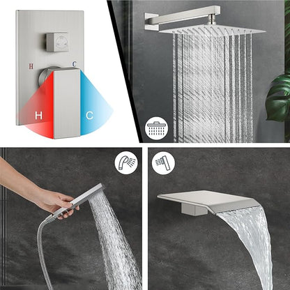 Midanya Rain Shower System with Tub Spout,Tub Shower Faucet Set with rainfall Shower Head and Handheld Spray,Wall Mount Tub Shower Combo Rough-in Valve Included,10 Inch Brushed Nickel