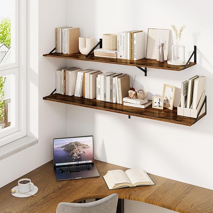 Fun Memories Floating Shelves for Wall, 12 Inch Deep Floating Shelves Set of 2, 24W x 12D Large Wall Shelf with Sturdy Metal Brackets for Living Room, Bathroom, Bedroom and Kitchen, Rustic Brown