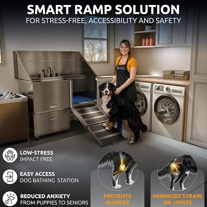 KANIS Professional Dog Washing Station - 304 Stainless Steel Pet Wash Sink & Grooming Bathtub w/Shower, Floor Grates and Storage for Large, Medium & Small Pets (50", 1 Drawer - Right Ramp)