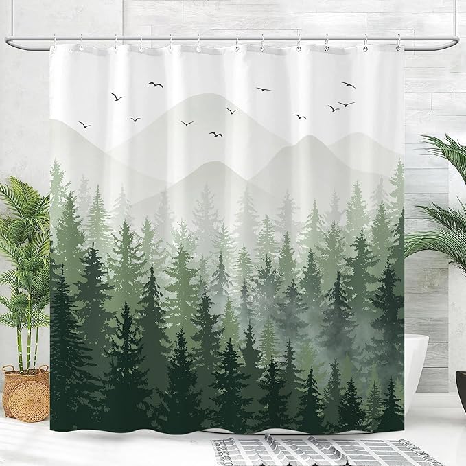 Aipon Green Misty Forest Shower Curtain Ombre Nature Tree Plants Shower Curtains Fabric Waterproof Mountain Shower Curtain Sets for Bathroom Bath Decor with 12 Hooks (Green, 72'' × 78'')