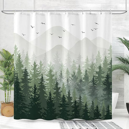 Aipon Green Misty Forest Shower Curtain Ombre Nature Tree Plants Shower Curtains Fabric Waterproof Mountain Shower Curtain Sets for Bathroom Bath Decor with 12 Hooks (Green, 72'' × 72'')