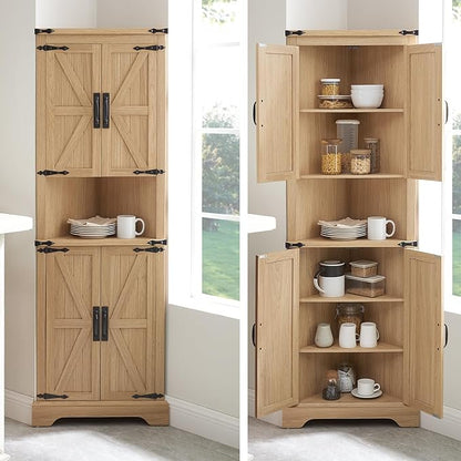 Tall Farmhouse Corner Cabinet with 4 Doors and Adjustable Shelves, Farmhouse Storage Cabinet with Barn Door Design, Home Space Saver for Living Room, Kitchen, Laundry Room (Natural Oak)