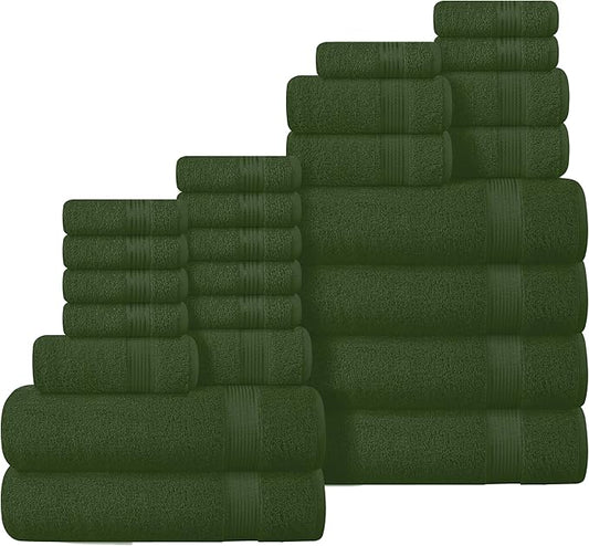 Belizzi Home 100% Cotton Towel Set, Contains 6 Soft Bath Towel, 6 Hand Towels, 12 Wash Cloths - Compact Absorbent Lightweight & Quickdry Towels for Bathroom - 24 Piece Bathroom Towel Set - Olive Green