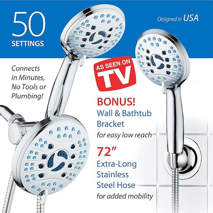 Hotel Spa AquaCare As-Seen-On-TV High Pressure Handheld & Rain 50-mode 3-way Shower Head Combo with Anti-clog Jets, 2-mode Tub & Pet Power Wash, Extra Wall Bracket, 6 ft. Hose, All Chrome Finish