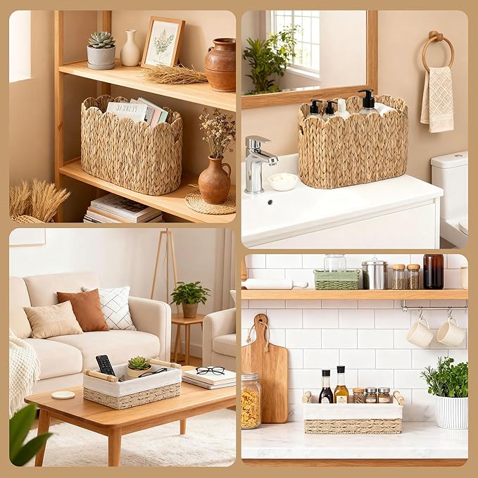 Toilet Paper Basket, 2 Packs Toilet Paper Storage Basket, Hand-Woven Wicker Bathroom Basket Organizer and Storage, Natural Water Hyacinth Slim Scalloped Basket Magazine Basket