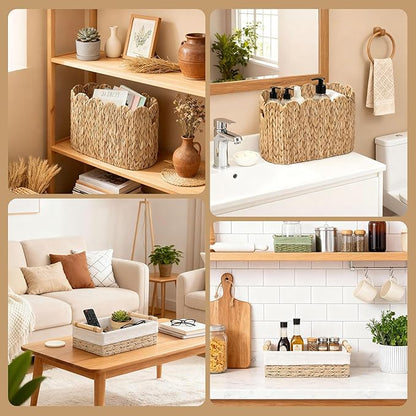 Toilet Paper Basket, 2 Packs Toilet Paper Storage Basket, Hand-Woven Wicker Bathroom Basket Organizer and Storage, Natural Water Hyacinth Slim Scalloped Basket Magazine Basket