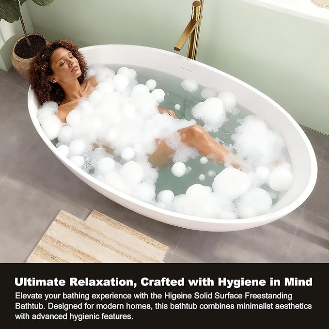 Upgraded 67" Stone Resin Freestanding Bathtub, Oval Solid Surface Extra Wide Tub with Overflow and Pop-up Drain, Matte White