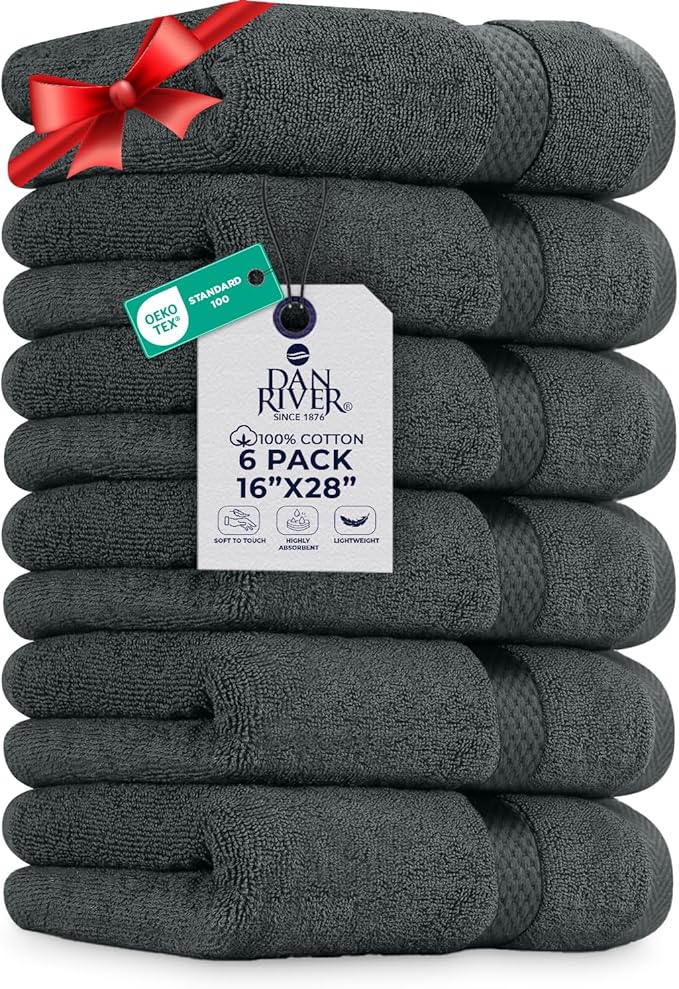 DAN RIVER 6-Pack Premium Hand Towels (16x28 Inches) - 100% Cotton, Ultra Soft, Lightweight, Highly Absorbent Towels for Bathroom, Spa, Gym, Salon, Hotel, and Travel - 550 GSM – Gray