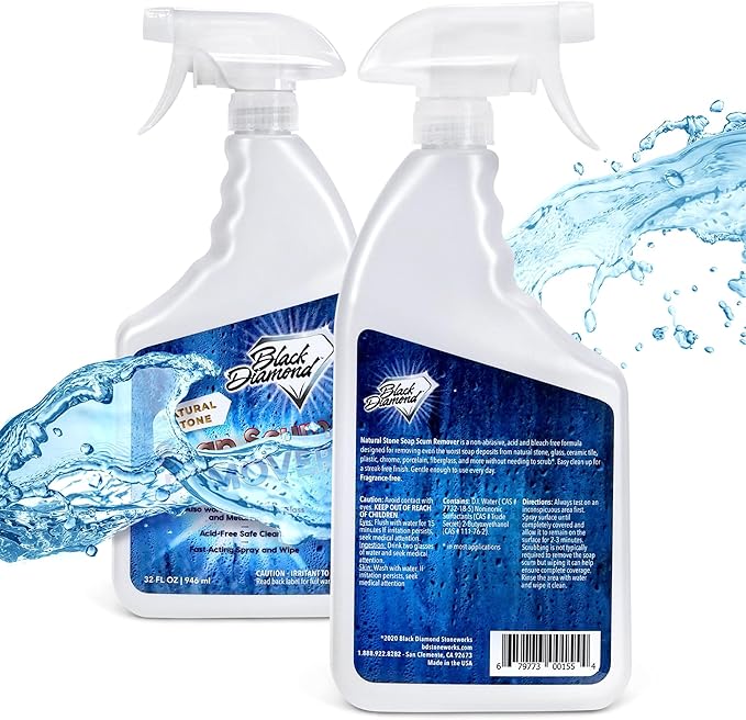 Black Diamond Stoneworks Natural Stone Shower Soap Scum Remover Spray. For Cleaning Bathtubs, Glass Doors, Tubs, Travertine, Marble, Tile. Heavy Duty, Safe Acid-Free Cleaner. Safe for fixtures.