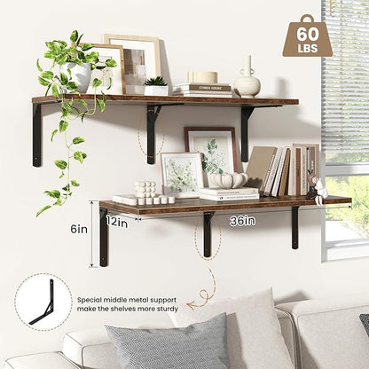 Fun Memories Rustic Brown 12 Inch Deep Floating Shelves Set of 2, Wall Mounted Shelf with Metal Brackets, Rustic Wood Wall Shelf for Bathroom, Kitchen and Living Room, Rustic Brown, 36W x 12D