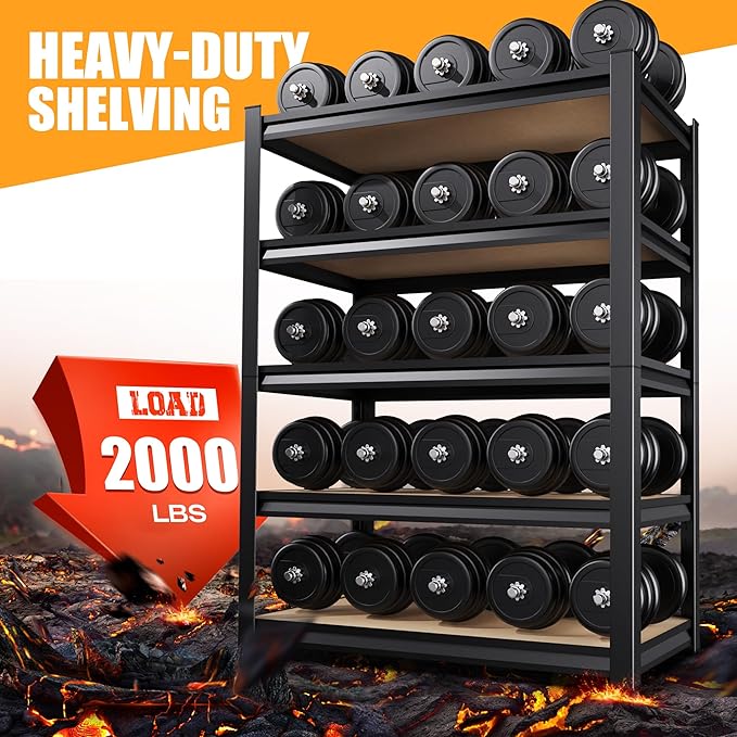 5-Tier Garage Shelving Heavy Duty Storage Shelves, Metal Adjustable Shelving Unit, Utility Garage Organizer Shelf for Basement, Pantry, Kitchen, Warehouse, 31.5" W x 13.8" D x 71.2" H, Black