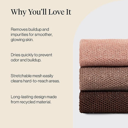 Kitsch African Net Sponge – Exfoliating Body Scrubber for Cleansing & Gentle Daily Exfoliation – Stretchable Bath Sponge for Hard-to-Reach Areas, Long-Lasting Shower Essential - Rosewood, 3 Pcs