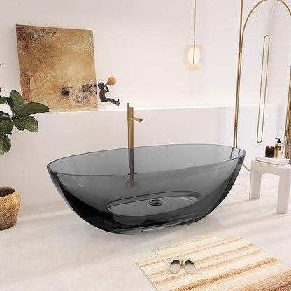 71" Premium Solid Surface Freestanding Bathtubs, Upgraded Transparent Dark Grey Oval Resin Soaking Tub with Pop-up Drain