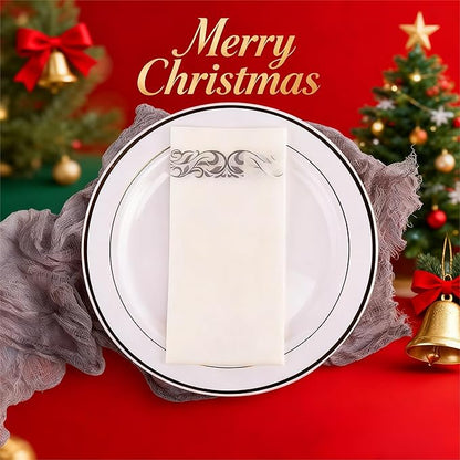JOLLY CHEF 100 Disposable Hand Towels, Soft and Absorbent Linen Feel Dinner Napkin, Elegant Decorative Paper Guest Towels for Kitchen, Bathroom, Weddings, Parties, Silver and White
