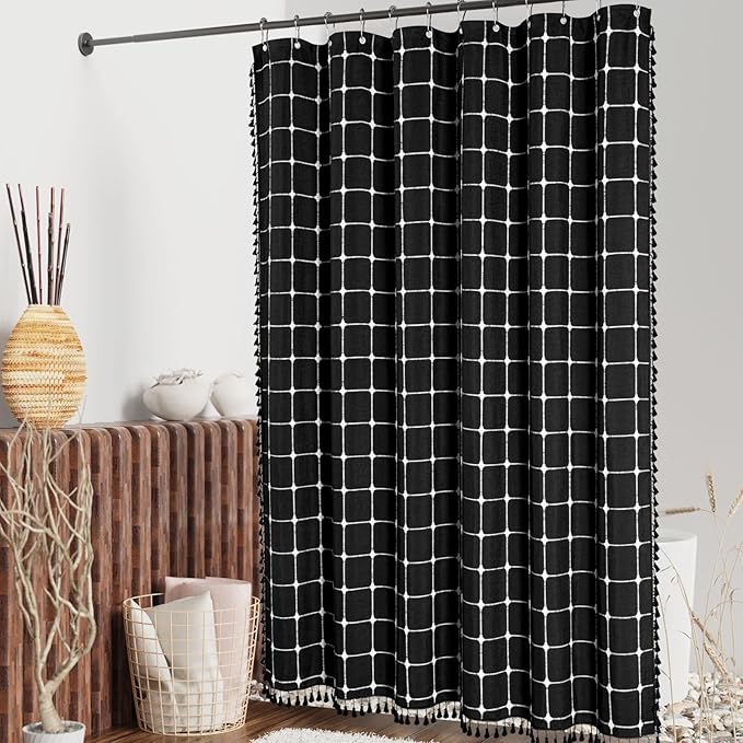 MitoVilla Boho Small Stall Shower Curtain 36 x 72, Narrow Polyester Linen Fabric Shower Curtains for Farmhouse Bathroom Decor, Half Size Cloth Shower Curtain Set with Hooks, Black