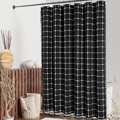 MitoVilla Black Boho Extra Long Shower Curtain 72 x 84, Modern Farmhouse 84 inch XL Polyester Linen Texture Tassel Fabric Shower Curtain Set with Hooks for Cottagecore Country Bathroom Decor