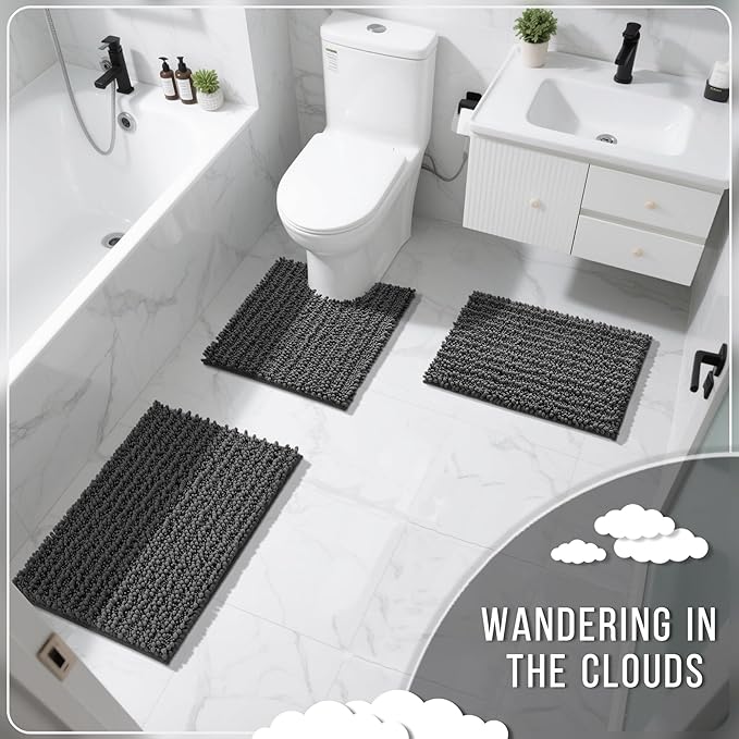 Yimobra Bathroom Rugs Non Slip Washable - Ultra Soft Absorbent Chenille Bath Mat, Quick Dry Shaggy Floor Carpet for Tub Shower, Dark Gray Home Decor Accessories, 24x17 Inch