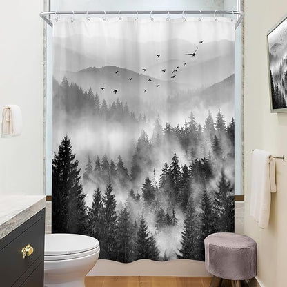 Riyidecor Black and White Shower Curtain 48Wx72H Inch,Stall Narrow Rv Small Nature Woods,Landscape Scenery Pine Tree Woodland Rustic Cool Mens Bathroom Decor Fabric Polyester Waterproof 12 Pack Hooks
