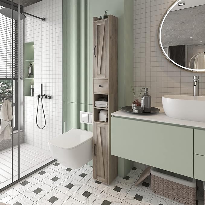 Bathroom Cabinet with Adjustable Shelf, Storage Cabinet for Small Space, Tall Bathroom Storage Cabinet with Retractable Toilet Paper Rod, Narrow Cabinet with 2 Doors, 8 Compartment, Brown Gray