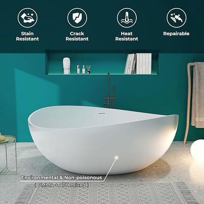 SJ STAR&JANE 63" x 38" Solid Surface Freestanding Bathtub, Oval Soaking Tub with Overflow and Pop-up Drain for Bathroom Matte Black