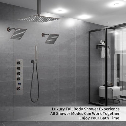 Oil Rubbed Bronze Digital Display Shower System with 12 inch Ceiling Mounted Shower Head and Wall Mounted Two Shower Head(8 inch), with Handheld Shower