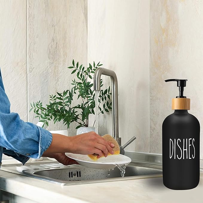 16 OZ Thick White & Black Glass Soap Dispenser, Bamboo Pump with Tray 2 Pack, Hand and Dish Soap Dispenser Set for Bathroom with 6 Waterproof Labels