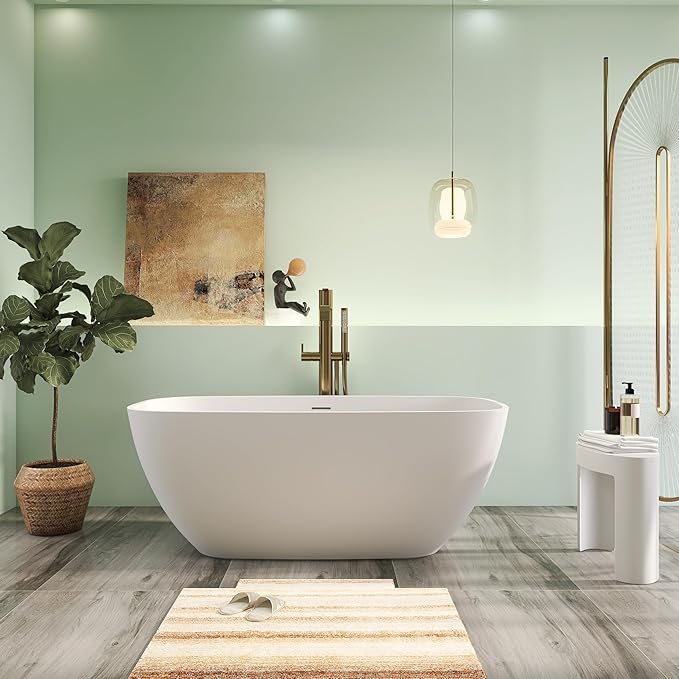 59" Premium Matte White Solid Surface Freestanding Bathtub, Upgraded Modern Design Stand Alone Bath Tub with Overflow and Pop-up Drain
