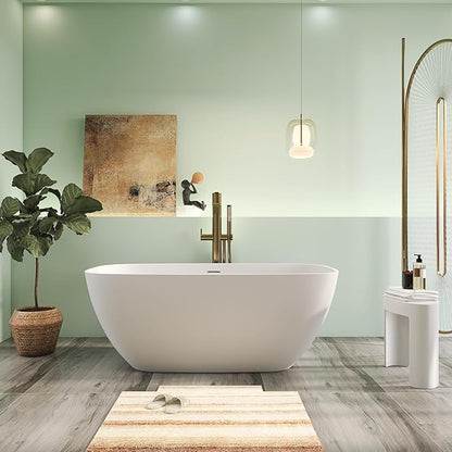 59" Premium Matte White Solid Surface Freestanding Bathtub, Upgraded Modern Design Stand Alone Bath Tub with Overflow and Pop-up Drain