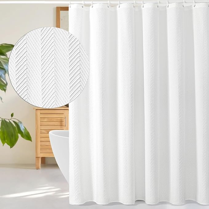 Gibelle Long Shower Curtain 72 x 78, Tall 3D Embossed Textured White Fabric Shower Curtain, Modern Farmhouse Herringbone Decorative Bathroom Curtains Shower Set with Hooks