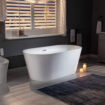 WOODBRIDGE Acrylic Freestanding Bathtub Contemporary Soaking Tub Overflow and Drain, BTA1514-C,White, 59" Chrome