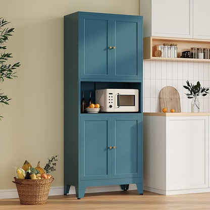 Metal Pantry Cabinet, Tall Kitchen Cabinet with 4 Doors & Adjustable Shelves,69" Blue Freestanding Storage Cabinets with Microwave Stand Cupboard for Living Room,Dining Room,Home