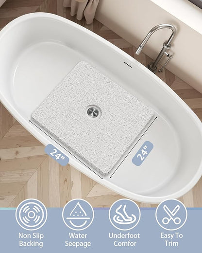 Mecko Square Non-Slip Shower Mats for Inside Shower, Quick-Drying Shower Floor Mat with Foot Scrubber, Anti-Slip Loofah Bathtub Mat for Tub and Wet Areas (White, 24"x24")