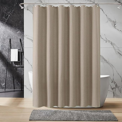Inhousolu Fabric Shower Curtain Waffle Weave, 230 GSM Heavy Duty, Weighted Hem, 14 Metal Hooks, Water Repellent, Machine Washable, Hotel Spa Luxury Bath Curtain Set, 72 x 78 Inch, Beige