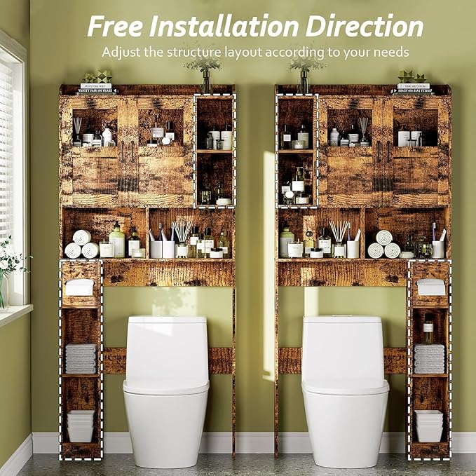 Over Toilet Storage Cabinet, 67 Inch Wall Mounted Tall Cabinet, Freestanding Bathroom Organizer Shelf for Bathroom, Brown