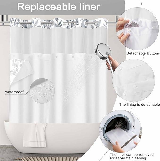 No Hook Shower Curtain and Liner Set, Blue Grey Eucalyptus Floral Shower Curtains for Bathroom, Bath Curtain Sets with Snap in Liner, Waterproof with See Through Top Window, 71x77 Inches