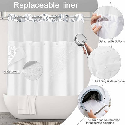 No Hook Shower Curtain and Liner Set, Blue Grey Eucalyptus Floral Shower Curtains for Bathroom, Bath Curtain Sets with Snap in Liner, Waterproof with See Through Top Window, 71x77 Inches