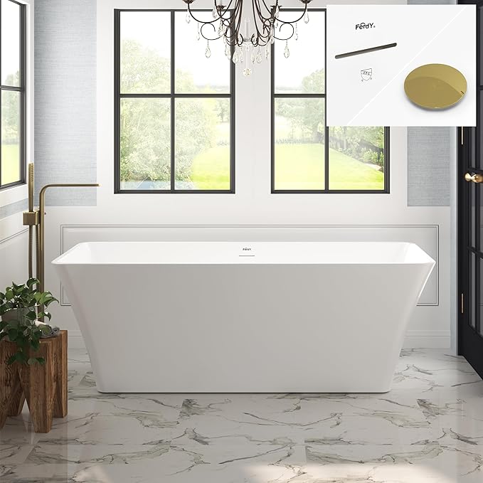 FerdY Sentosa 67" Acrylic Freestanding Bathtub, Contemporary Design Soaking Tub with Polished Gold Drain and Minimalist Linear Design Overflow, Easy to Install, 02560