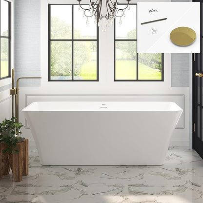 FerdY Sentosa 67" Acrylic Freestanding Bathtub, Contemporary Design Soaking Tub with Polished Gold Drain and Minimalist Linear Design Overflow, Easy to Install, 02560