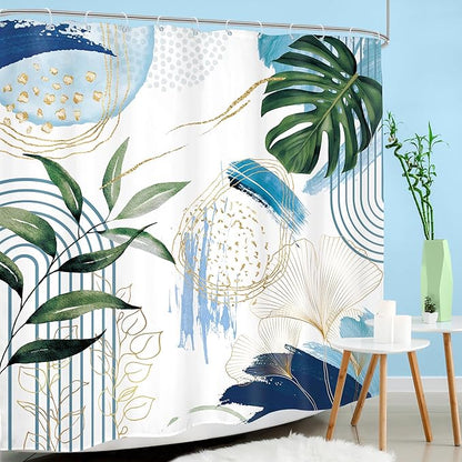 Blue Boho Shower Curtain 72Wx72H Modern Mid Century Abstract Blue Gold Tropical Leaves Palm Minimalist Plant Bathroom Decor Geometric Arch Bath Curtain Fabric Polyester 12 Pack Hooks