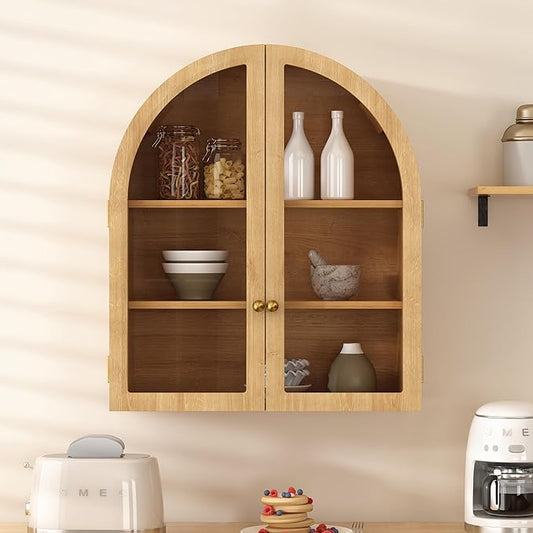 Small Arched Bathroom Wall Cabinet Modern Wooden Medicine Cabinet with Acrylic Doors Farmhouse Wall Mounted Cupboard Storage Organizer for Laundry Room, Dining Room, Natural Oak