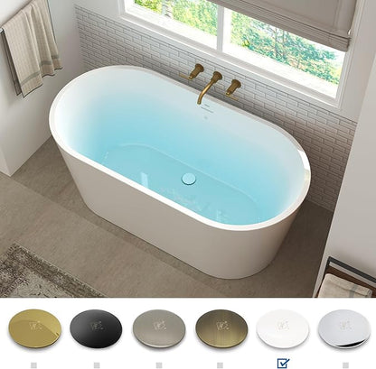 FerdY Shangri-La 55" Acrylic Freestanding Bathtub, Ergonomic Lightweight Classic Oval Soaking Bathtub with Polished White Drain, Minimalist Linear Design Overflow, Modern White