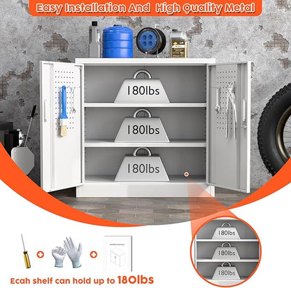 Aobabo 31.5" H Metal Storage Cabinet with 2 Shelves, Lockable Steel Cabinet with 4 Hooks for Home Office Garage, White, Assembly Required