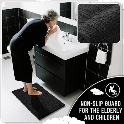 Yimobra Bathroom Rugs Sets 2 Piece - Quick Dry Extra Thick Luxury Chenille Bath Mat, Non Slip Super Absorbent for Tub Shower Sink, Machine Washable Shaggy Floor Mat, 32"x20"+24"x17" Inch, Black