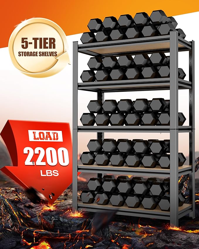 45.6" W Garage Shelving Heavy Duty 5-Tier Storage Shelves, Home Storage Shelf, Adjustable Metal Shelving Unit, for Pantry, Kitchen, Basement, Warehouse, 45.6" Wx17.7 Dx71.2 H, Black
