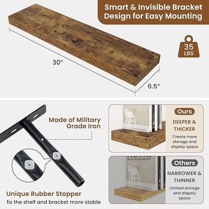 fuqing Floating Shelves for Wall, Wall Mounted Wood Floating Shelf with Invisible Brackets for Living Room, Bathroom, Bedroom, Kitchen Storage and Decor, 30 Inch Set of 2, Rustic Brown
