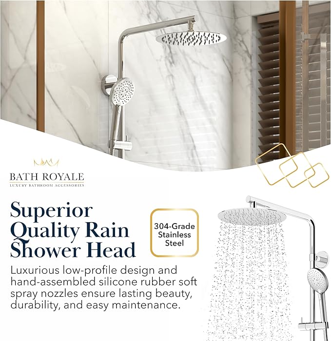 BATH ROYALE Rain Shower Head & Detachable Handheld Spray Combo, Easy Install & 3 Spray Modes, Brushed Nickel