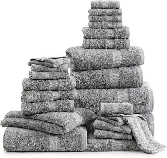 Lane Linen Complete 24 PCs Bath Towel Set For Family - 100% Ring Spun Cotton - Quick Dry, Soft & Absorbent Towels For Bathroom - Perfect for Kids, Guest & Everyday Use - Oeko Tex Certified -Space Grey